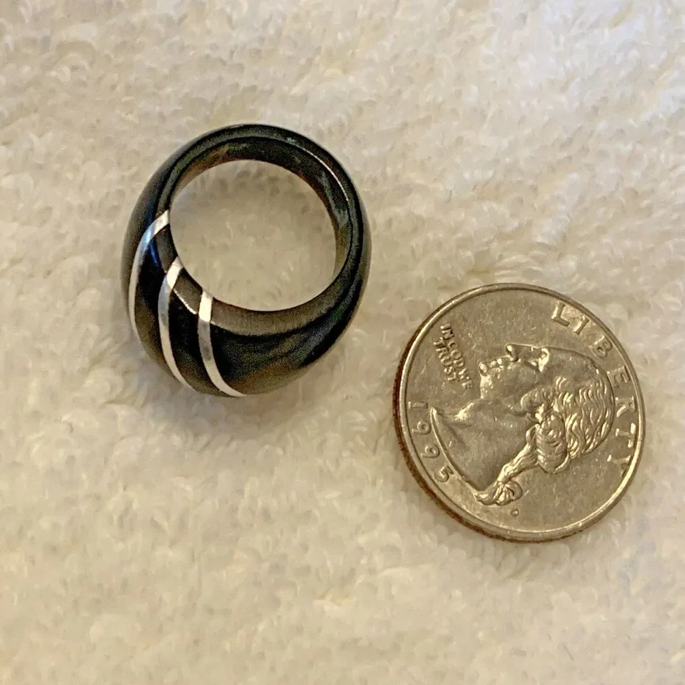 Vintage Bakelite Ring Black Dome w/ Silver Inlay Stripes Chunky Band Size 5